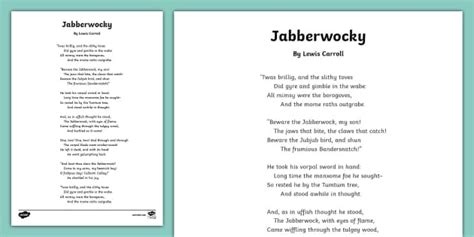 The Jabberwocky Poem Lewis Carroll Poetry Sheet