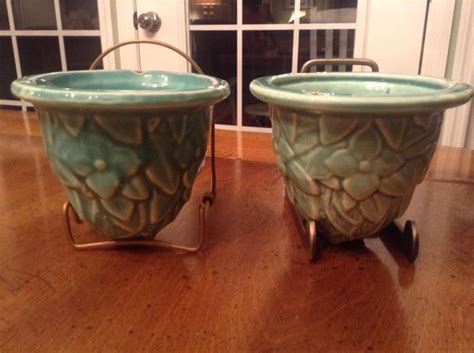 Pair Of Vintage McCoy Green Hanging Planters Pottery Vase Pot | Pottery
