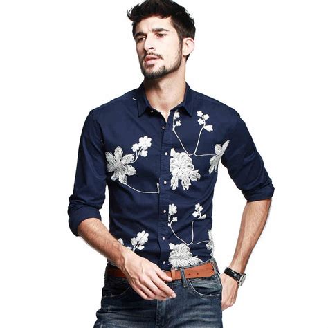 2014 New Mens Fashion Embroidered Shirts Men Personalized Floral Casual