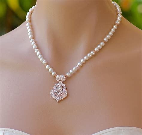 Rose Gold Crystal Necklace Pearl Bridal Necklace Silver Etsy