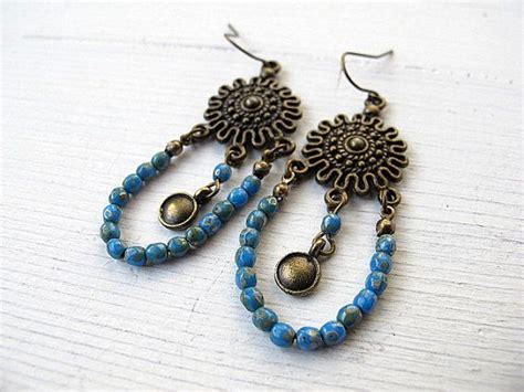 Bohemian Chandelier Earrings Blue Czech Glass Antiqued Brass Jewelry