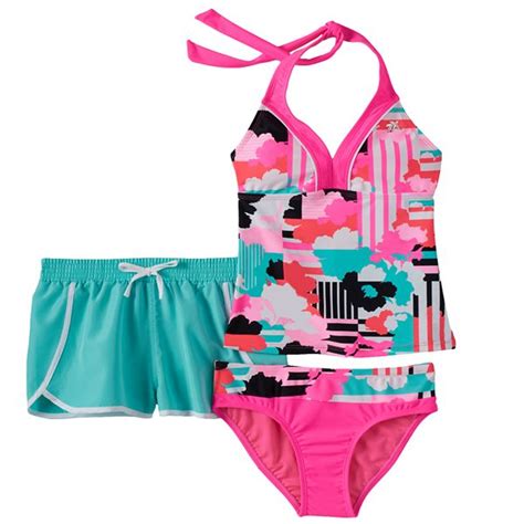 Girls 7 16 Zeroxposur Striped Floral Halterkini Swimsuit And Shorts Set