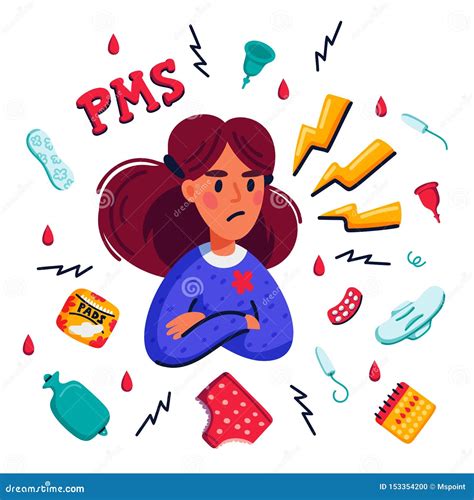 PMS Concept Woman Suffering From Premenstrual Syndrome And Related Products Such As Sanitary