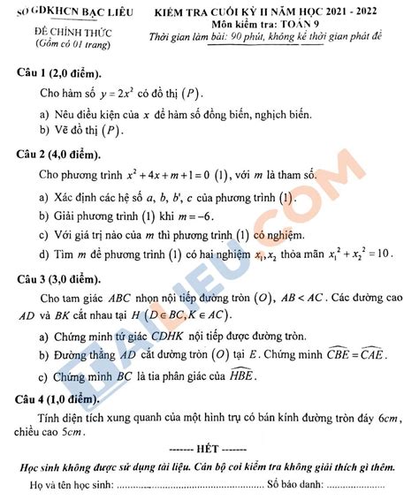 Đề thi học kì 2 lớp 9 môn toán năm 2021 2022 sở gdkhcn bạc liêu