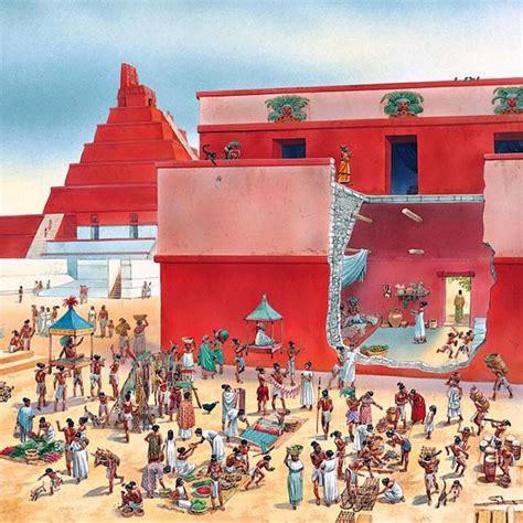 The Interior Of A Wealthy Maya Home While A Market Takes Place