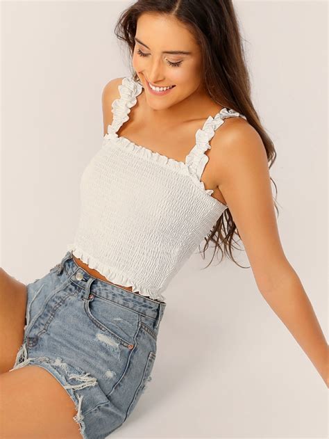Shein Frill Trim Shirred Top Top Outfits Crop Top Outfits Cute Crop Tops