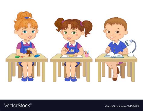 Funny Pupils Sit On Desks Read Draw Clay Cartoon Vector Image