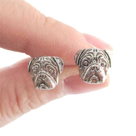 3d Pug Animal Head Shaped Stud Earrings In Silver · Dotoly Animal