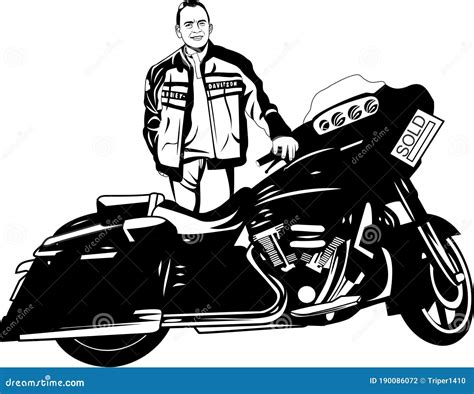 Vector Motorcyclist Front View Black And White Outline Illustration