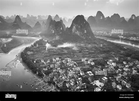 Black And White Picture Of The Lijiang River At Sunset Guangxi China