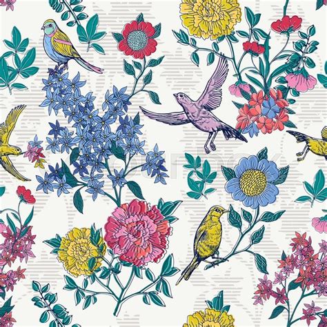 Floral Style Pattern With Birds And Flowers Vintage Background Vector