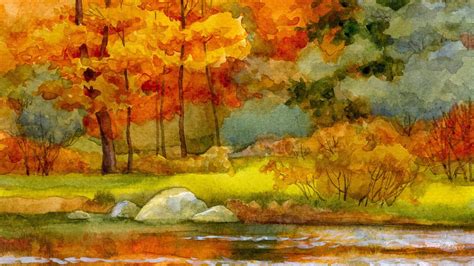 Autumn River Watercolor Wallpaper 8073