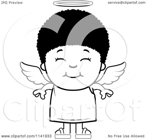 Cartoon Clipart Of A Black And White Smiling Angel Boy