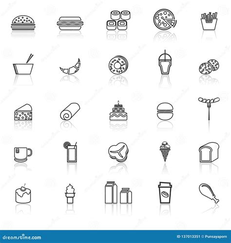 Popular Food Line Icons With Reflect On White Background Stock Vector
