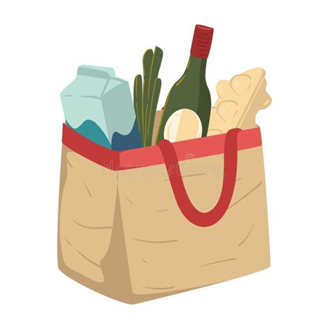 Grocery Shopping Food In Paper Bag Or Textile Handbag Stock Vector