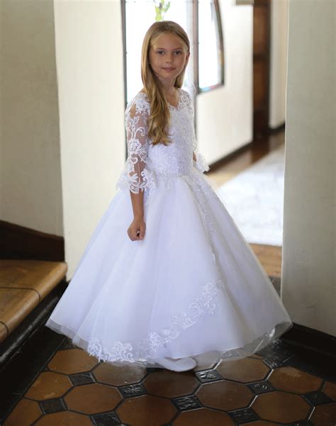 Lace First Communion Dresses With Bell Sleeves For Girls Stunning