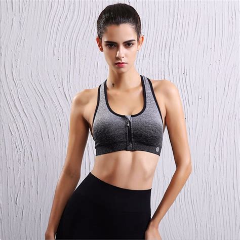 Women Stripe Zipper Sports Bra Padded Push Up Shockproof Quick Dry Gym Running Yoga Vest Bras