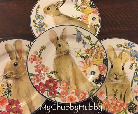 Nib Pottery Barn Set4 ~floral Bunny~ Salad Plates ~easter Rabbit