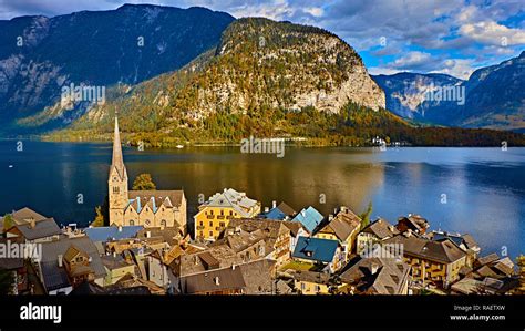 Panoramic Scenic View In Austrian Alps Hallstatt Mountain Village At