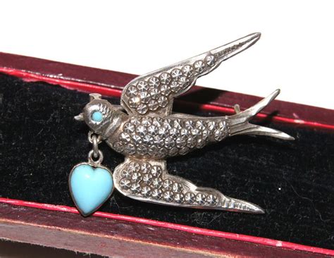 Finest Antique Victorian Silver Turquoise Heart Swallow Love Token