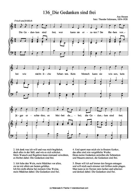 Klaviernoten für anfänger bei notendownload. Die Gedanken sind frei (Klavier + Gesang) Aus Hessen Satz: Theodor Salzmann, 1854-1928
