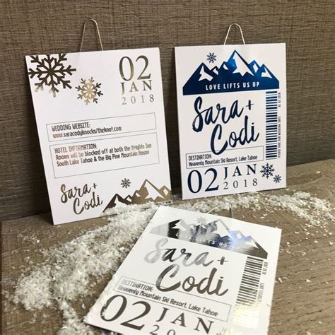 Modern Shimmering Ski Lift Ticket Winter Wedding Save The