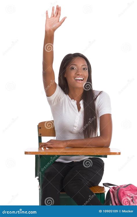 African American Schoolgirl Raised Hand In Class Stock Image Image Of