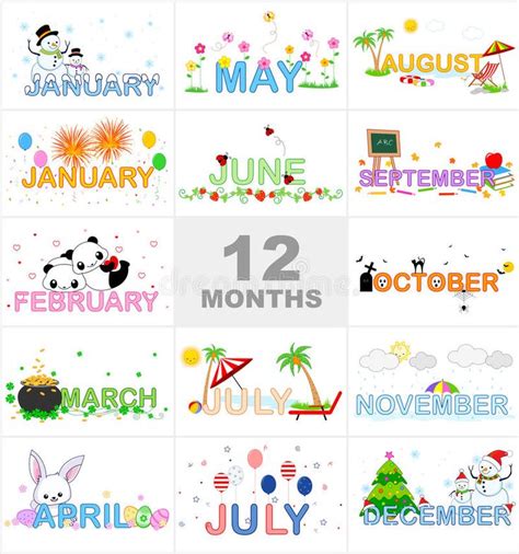 Months Illustrations Showing January To December Months With Colorful