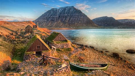 Landscape View Of Rock Mountains Calm Body Of Water Small