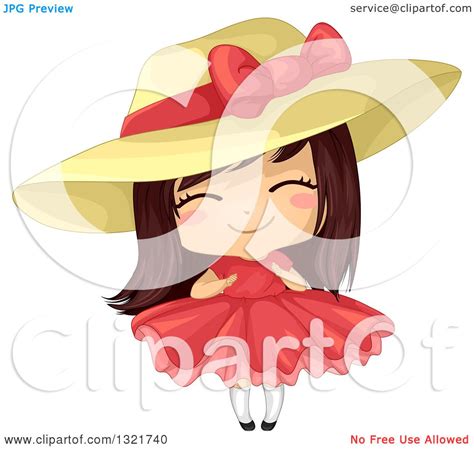 clipart of a cute brunette white girl in a big hat and red dress royalty free vector