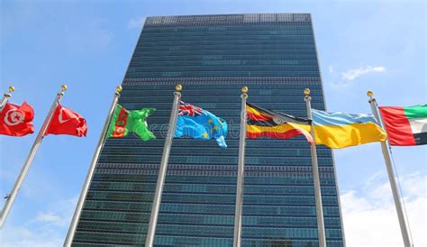 International Flags In The Front Of United Nations Headquarter In New