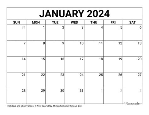 January 2024 Calendar Free Printable With Holidays January 2023