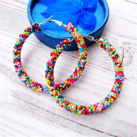 Multicolor Beaded Hoop Earrings Colorful Hoop Earrings Etsy