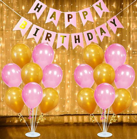 Pink Happy Birthday Banner With White Warm Led String Light And