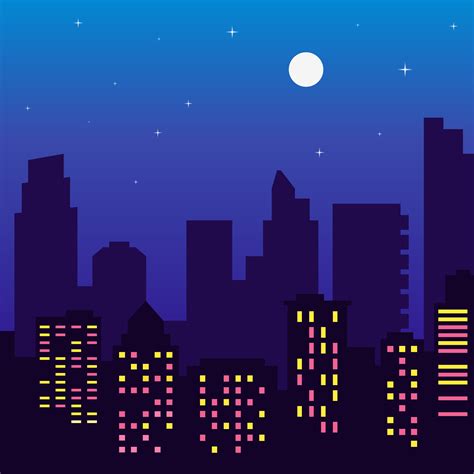 Night Silhouette Of Buildings With Colorful Windows Full Moonstars