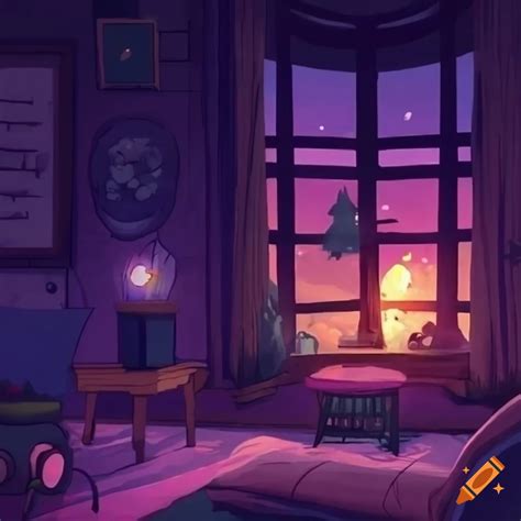 Cozy Living Room With Forest View And Purple Lights On Craiyon