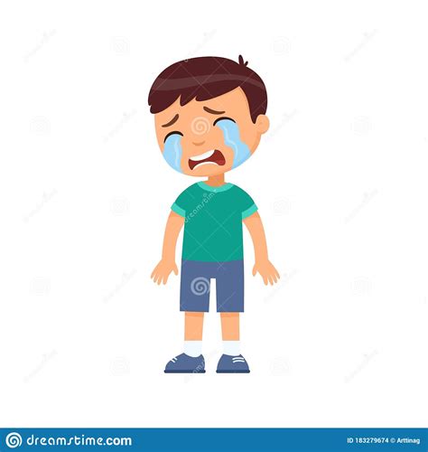 Crying Sad Little Boy Flat Vector Illustration Upset