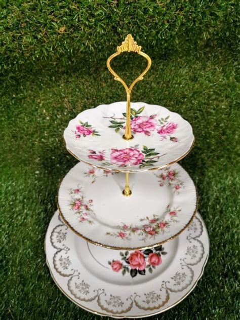 Vintage Mismatched 3 Tier China Cake Stand Pink Roses Chintz Tea