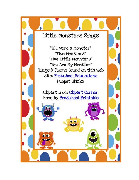 Each fun preschool song includes a free video song, free fun curriculum learning activities and free song lyrics. Preschool Printables: Free Little Monsters Songs & Puppet Sticks