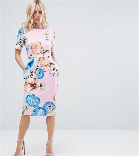 Asos Petite Midi Wiggle Dress In Pink Floral Print Classy Outfits