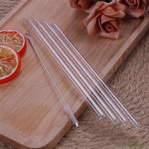 4pcs Straight Glass Tube Reusable Drinking Straw Sucker With Cleaning