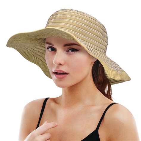 Womens Summer Beach Hats Striped Floppy Wide Brim Packable Sun Hat