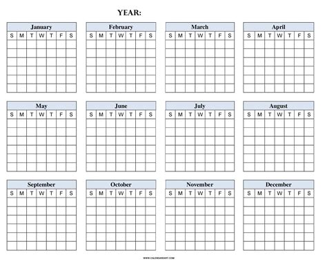 Blank Year At A Glance Calendar Editable Free Printable