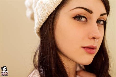 Ashley Holat Brunette Pierced Septum Blue Eyes Face Women Beanie