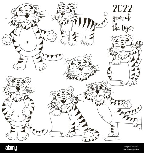 Symbol Of Set Of Tigers In Hand Draw Style Faces Of Tigers New