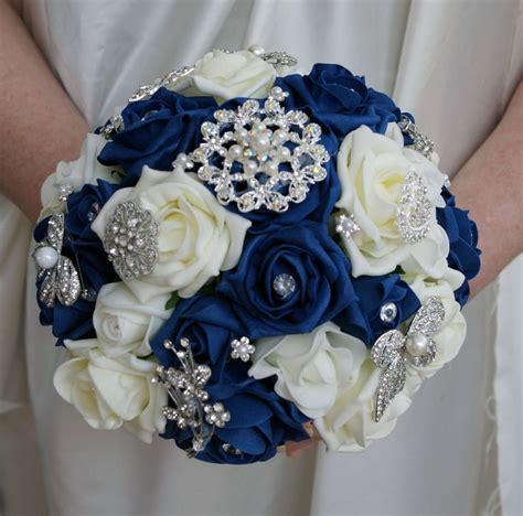 Wedding bouquets 17 piece package bridal bouquet flowers peach blush dusty blue. Bridal Posy Bouquet Navy Blue and Ivory Roses with ...