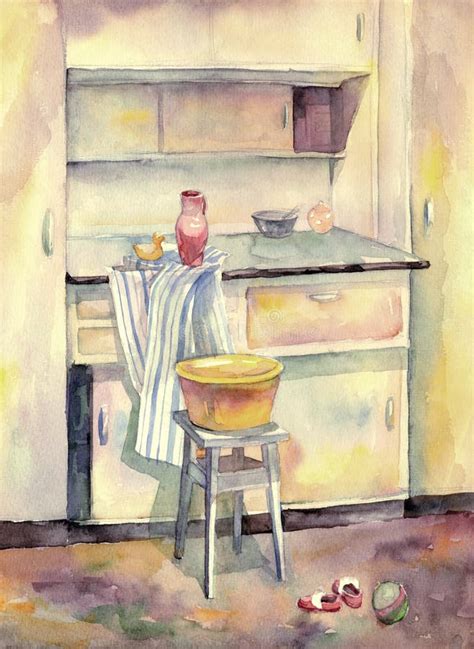Yellow Kitchen Furniture Watercolor Painting Stock Illustration