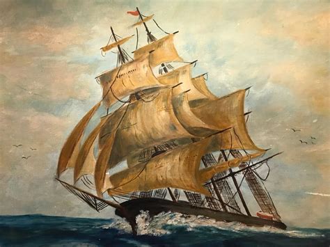 Vintage 1960 Original Oil Painting Of Sailing Ship At Sea Signed