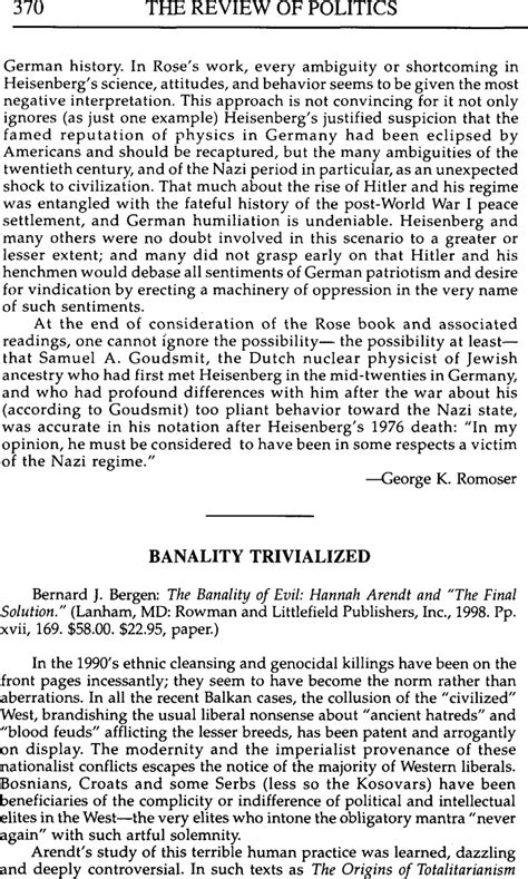 Banality Trivialized Bernard J Bergen The Banality Of Evil Hannah Arendt And “the Final