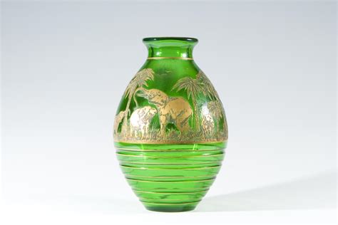 Moser Emerald Green Crystal Vase With Gilded Elephant Frieze Vases Tazzas And Compotes Elise